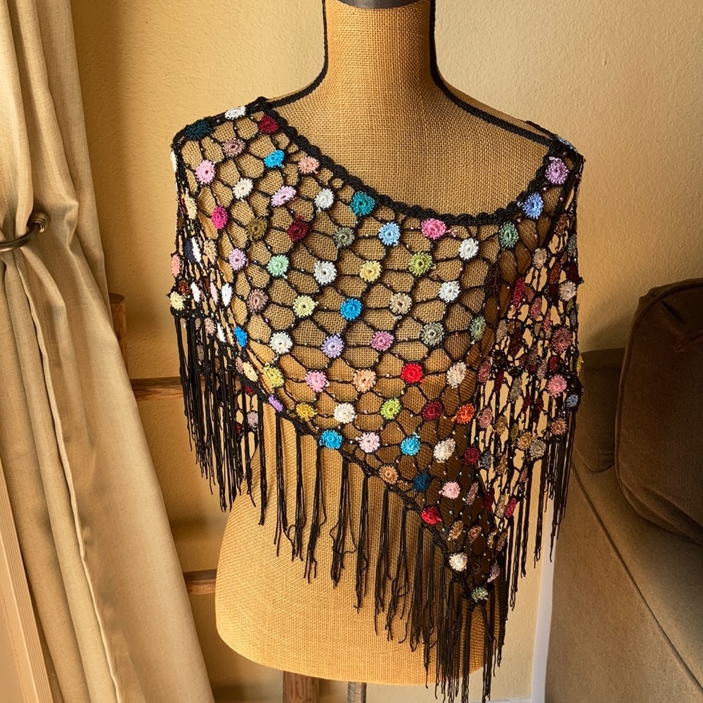 NWOT Colorful Beaded and Crocheted Tassel Shawl